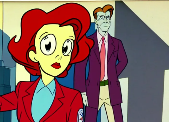 Image similar to dana scully on the real ghostbusters, animation cel, anime, sharp detail, animation cel, thin linework, in the style of don bluth, bruce timm, stephen silver, studio trigger
