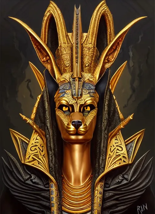 Image similar to angry god anubis, growling jackal with egyptian headdress and nemes, ornate art nouveau detail, symmetrical portrait, black and gold palette, fantasy, intricate, elegant, highly detailed, colorful, dark colors, dramatic shadow, digital painting, artstation, concept art, art by artgerm and greg rutkowski and ruan jia,