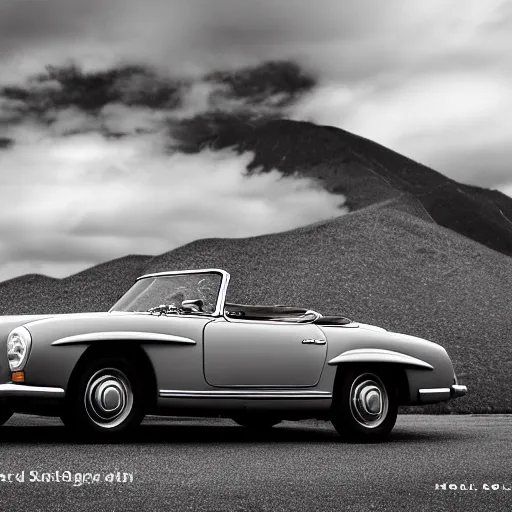 Image similar to Grey Mercedes Benz 190 SL soaring trough the sky, cinematic, fujifilm