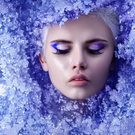 Prompt: female white eye lashes eyes closed partly submerged in rippling viscous clear oil, frost roses, ice needles, blue and lavender tint, complex hyperdetailed technical suit. white hair flowing, frosty breath, sci - fi, futuristic, ultra realistic, wide angle.