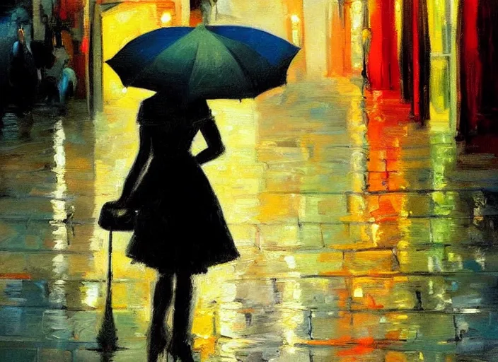 Prompt: evening city scene with height young woman holding an umbrella. beautiful use of light and shadow to create a sense of depth and movement. using energetic brushwork and a limited color palette, providing a distinctive look and expressive quality in a rhythmic composition