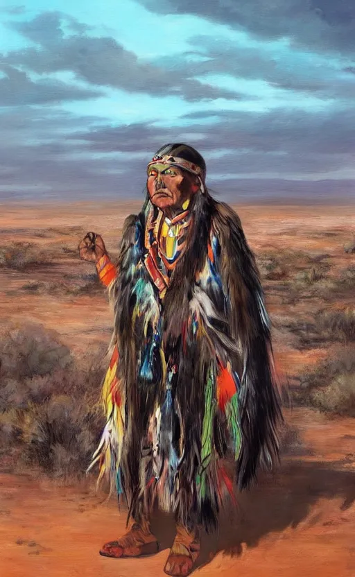 Prompt: full shot picture of indigenous leader standing in the desert, painted by lucian frued, hd, realistic lighting