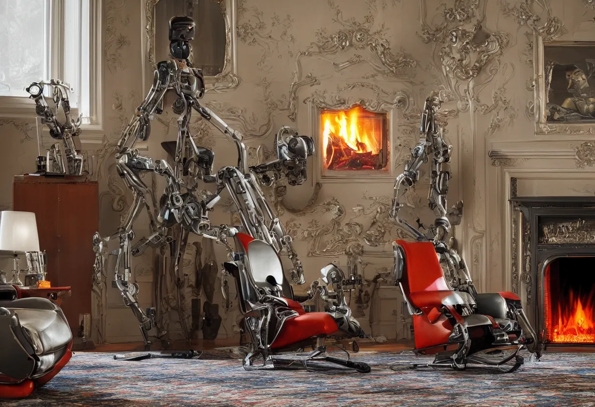 Image similar to Extreme close up photograph of a futuristic robot reclining on a 1950s fainting chair in front of a single beautiful fireplace in a pristine traditional Victorian home, by Simon Stalenhag