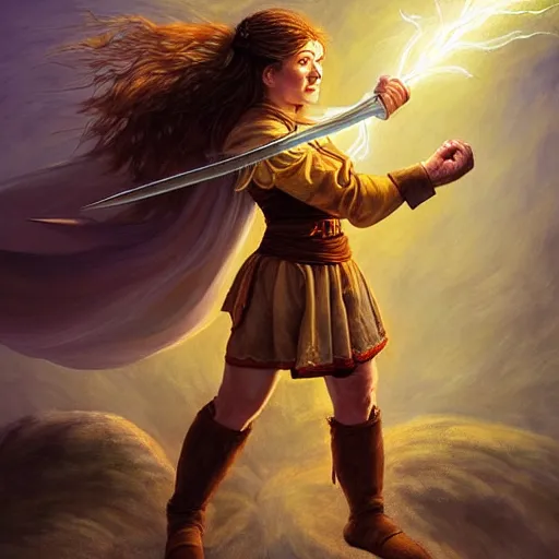 Image similar to full body portrait of a female halfling hobbit monk fistfighter, hallucinating a holy vision of her goddess of mist and light, flowing robes and leather armor, detailed dynamic light painting by albrecht anker