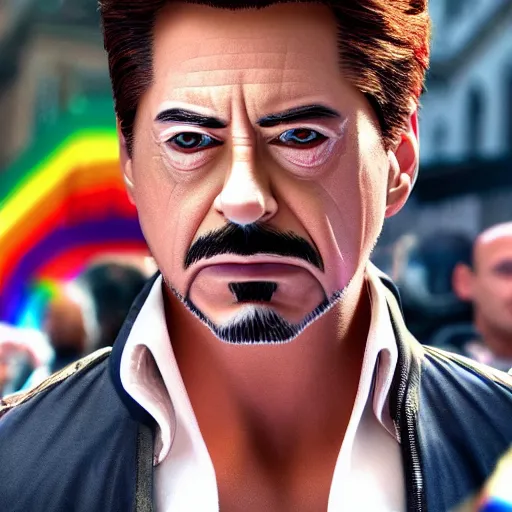 Prompt: tony stark wearking makup in the gay parade, 8k resolution, close-up shot, hyper-detailed