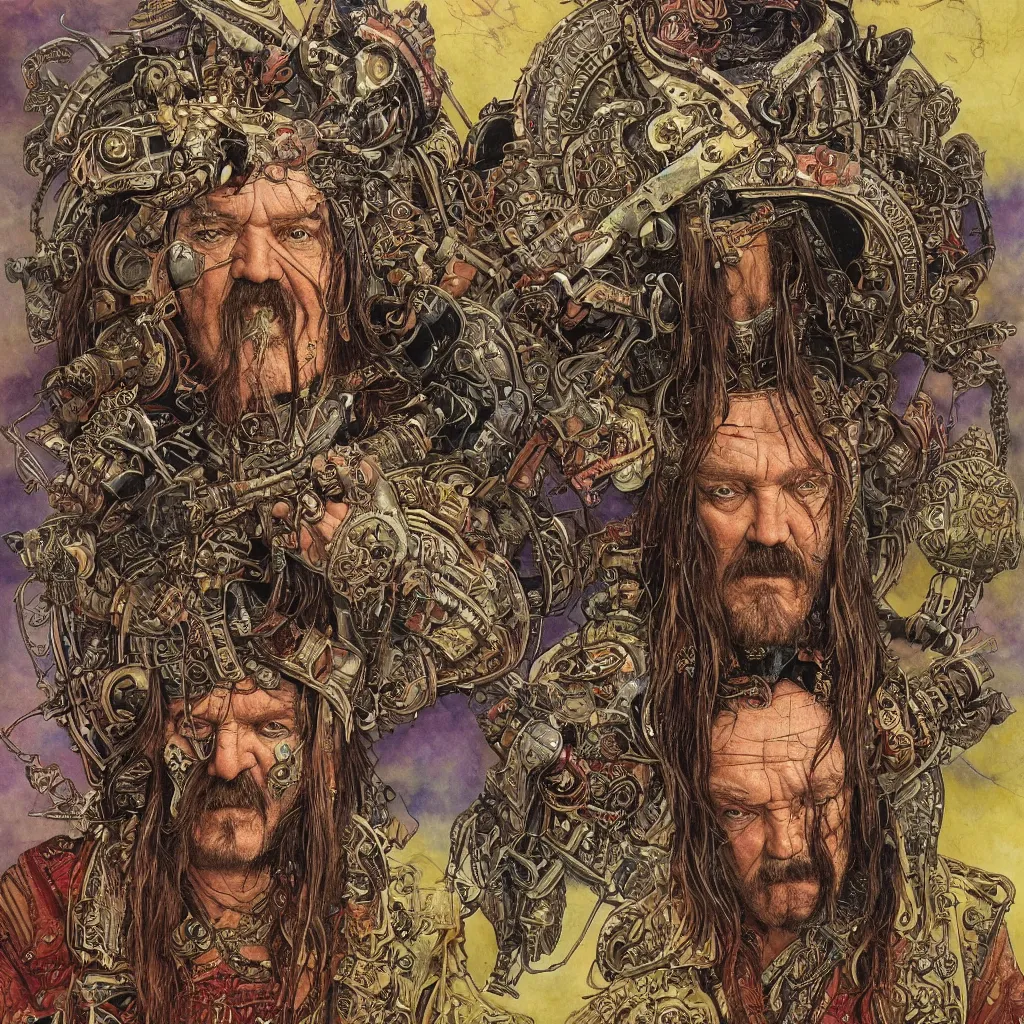 Image similar to A dramatic full-color art nouveau and tribal scandinavian styled bust panorama portrait of lemmy kilmister as a tarnished panzer tank ship god-king of the universe, hyperdetailed mixed media artwork combining the styles of Travis Charest, Michael Whelan, Bill Sienkiewicz, Duncan Fegredo, Simon Bisley, Alphons Mucha, Dave McKean and Karol Bak, vast power, stoicism, pessimism, confidence, perfectly symmetrical facial features, 8k, deeply hyperdetailed, cinematic lighting, realistic mechanical details, 8k, UHD, HDR