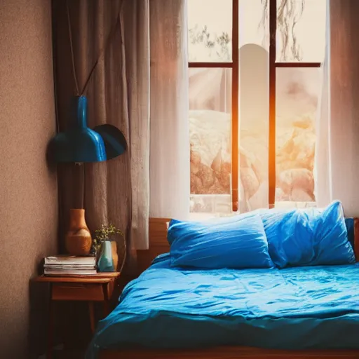 Image similar to a room with a blue bed in the corner, with a window next to the bed, plants in the window, sunlight coming through the window, wooden walls and a lava lamp, light reflections, professional photo