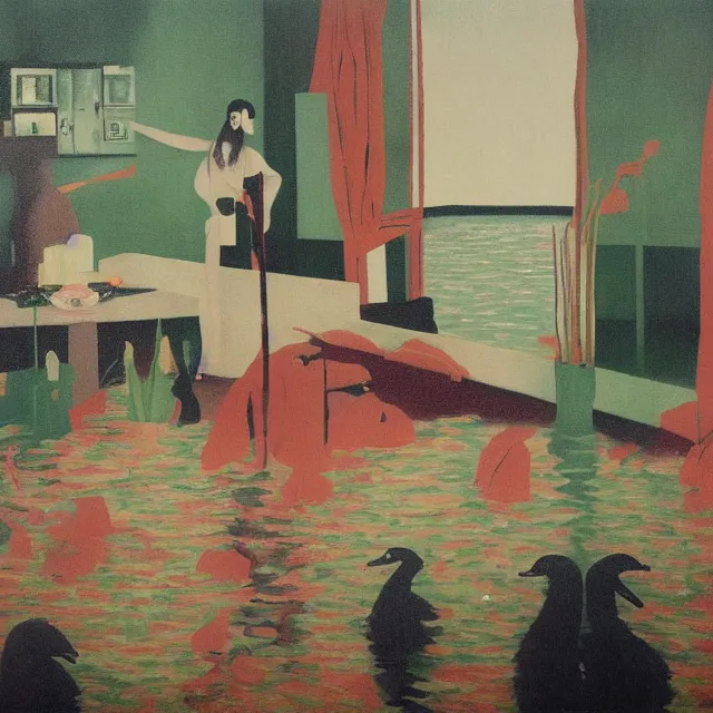 Image similar to tall female emo vegan socialist artist in their flooded apartment, painting of flood waters inside an artist's home, a river flooding indoors, pomegranates, pigs, ikebana, zen, water, octopus, river, rapids, waterfall, black swans, canoe, berries, acrylic on canvas, surrealist, by magritte and monet