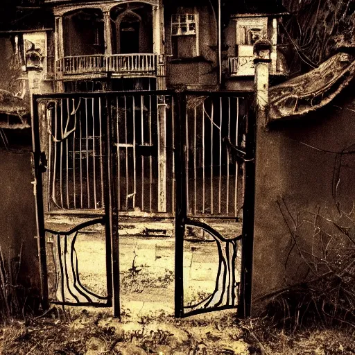 Prompt: a zombie at the gate of a decrepit house, night, misty, scary, spooky