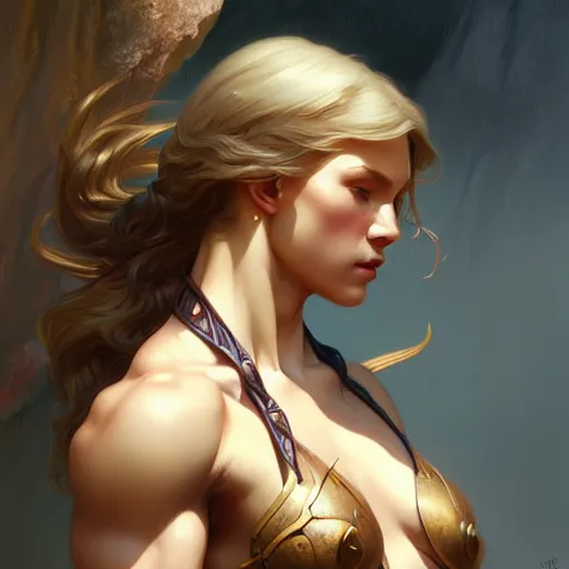 Image similar to , muscular upper body, D&D, fantasy, intricate, elegant, highly detailed, digital painting, artstation, concept art, smooth, sharp focus, illustration, art by artgerm and greg rutkowski and alphonse mucha