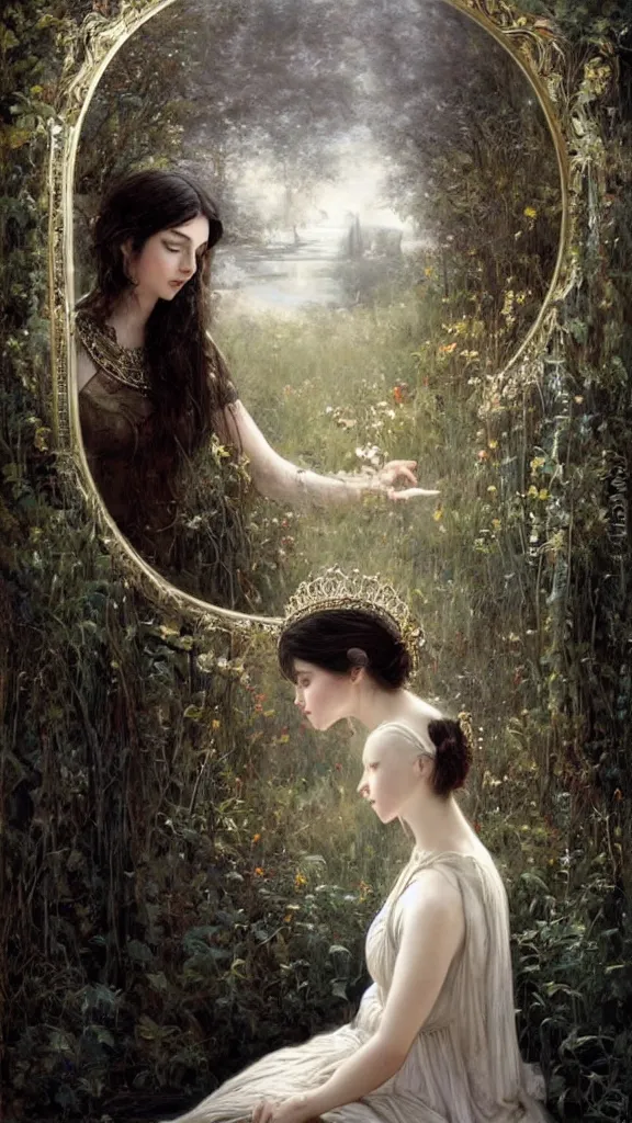 Image similar to secret view from behind wide mirror of a beautiful black haired woman with pale skin and a crown on her head sitted on an intricate metal throne, very deep stillness atmosphere, silence, dimension of still moment, spiritual feeling, digital art, by daniel ridgway knight