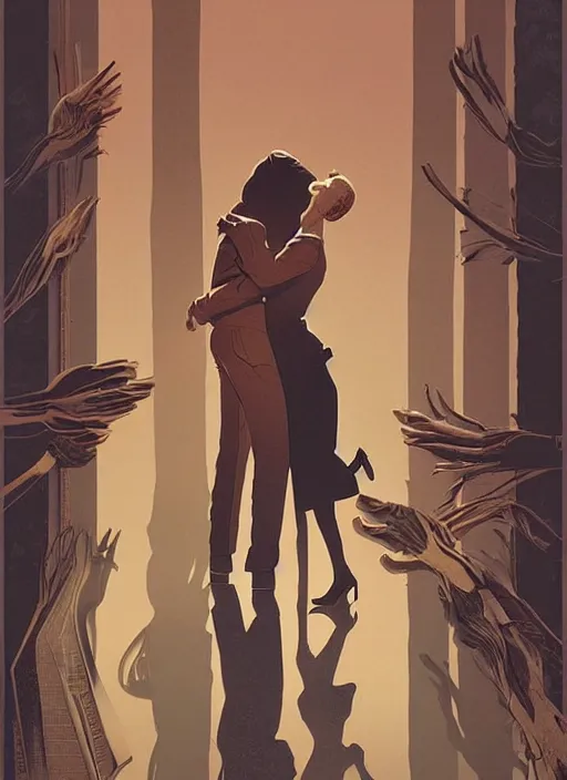 Image similar to poster artwork by Michael Whelan and Tomer Hanuka, Karol Bak of Naomi Watts & Philip Seymour Hoffman falling in love, from scene from Twin Peaks, clean, simple illustration, nostalgic, domestic, full of details