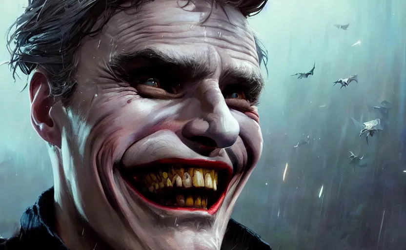 Prompt: highly detailed portrait of christoph waltz as the joker laughing, in batman comic book, stephen bliss, unreal engine, fantasy art by greg rutkowski, loish, rhads, ferdinand knab, makoto shinkai and lois van baarle, ilya kuvshinov, rossdraws, tom bagshaw, global illumination, radiant light, detailed and intricate environment