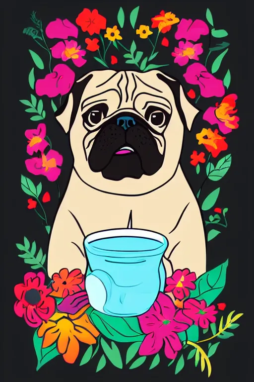 Image similar to pug eating flower. art by samantha mash, sticker, colorful, illustration, highly detailed, simple, smooth and clean vector curves, no jagged lines, vector art, smooth