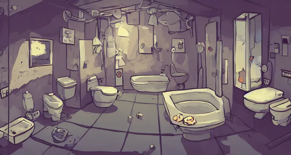 Image similar to A beautiful artwork illustration, a videogame level in a small toilet-themed museum escape room, featured on artstation, wide angle, horizontal orientation