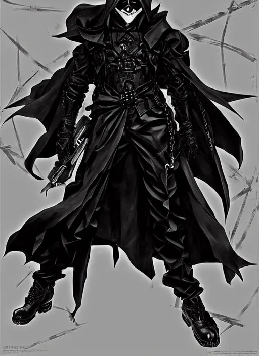 Image similar to evil deity, a man in black mask and black rugged long trench coat. in style of yoji shinkawa and hyung - tae kim, trending on artstation, dark fantasy, great composition, concept art, highly detailed, dynamic pose.