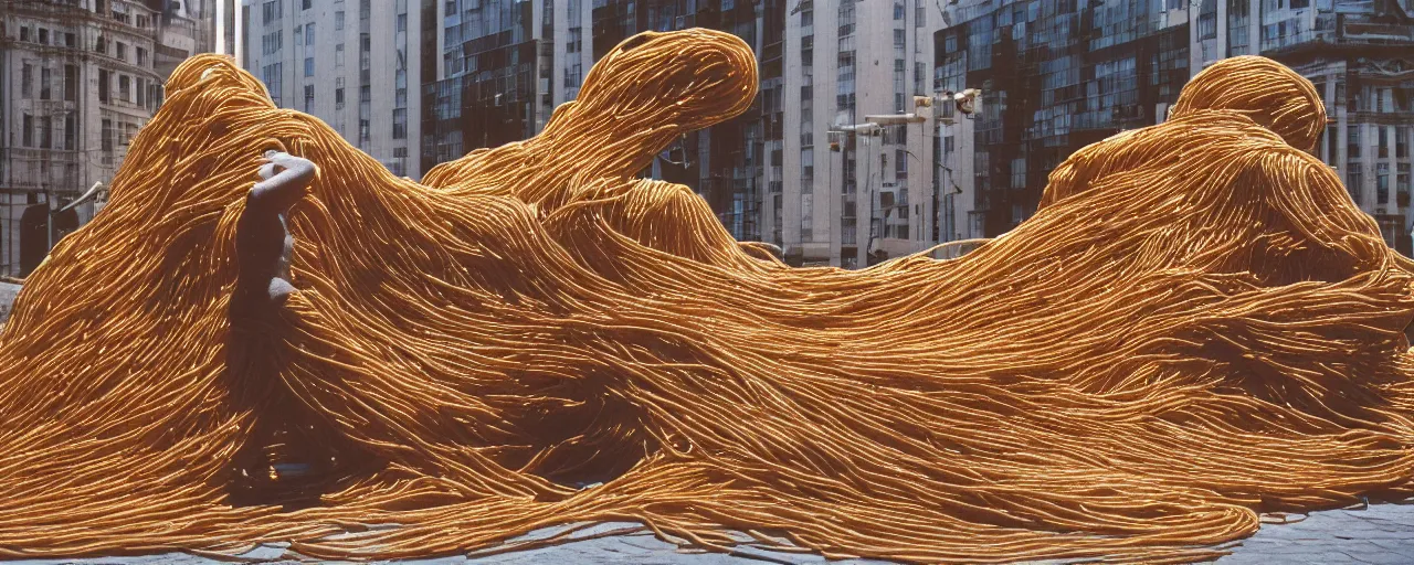 Prompt: ultra wide shot a statue of a person made of spaghetti on an empty european plaza, canon 5 0 mm, cinematic lighting, photography, retro, film, kodachrome, closeup