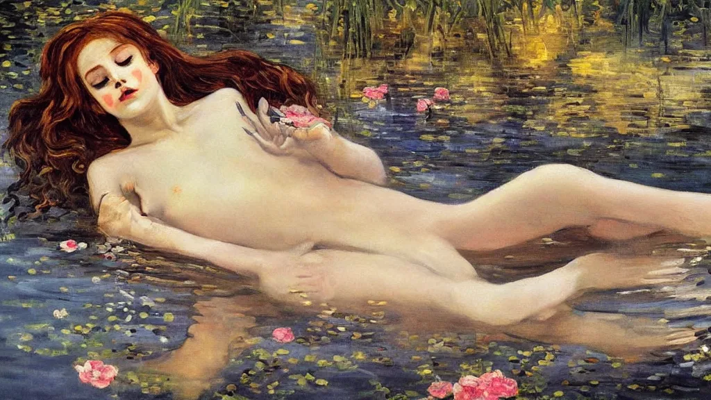 Prompt: prompt: one beautiful girl sleeping in the lake with shining face painted by Valentin Serov, detailed realistic face, Ophelia painting inspired, intricate detailed oil painting, alchemical artifacts and hieroglyphs, magical items, gnarly paint marks