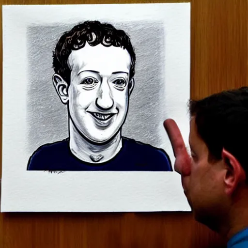 Image similar to a caricature portrait of Mark Zuckerberg drawn by Mahesh Nambiar