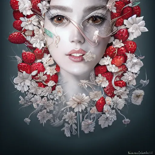 Image similar to the portrait of an absurdly beautiful, graceful, elegant, sophisticated, fashionable woman made of strawberries and white petals looking down, an ultrafine hyperdetailed illustration by kim jung gi, irakli nadar, intricate linework, bright colors, octopath traveler, final fantasy, unreal engine 5 highly rendered, global illumination, radiant light, detailed and intricate environment