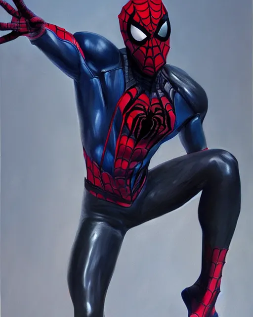 Image similar to hybrid of a bulky stealth suit and spider - man, photorealistic oil painting, hyperdetailed, realistic