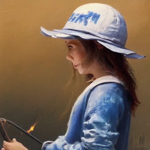 Image similar to candid photo of little girl burning in hell wearing a blue and white fishing hat by Greg Rutkowski, Photorealistic, extremely detailed, UHD, correct face, real hellscape in background, hyperrealistic