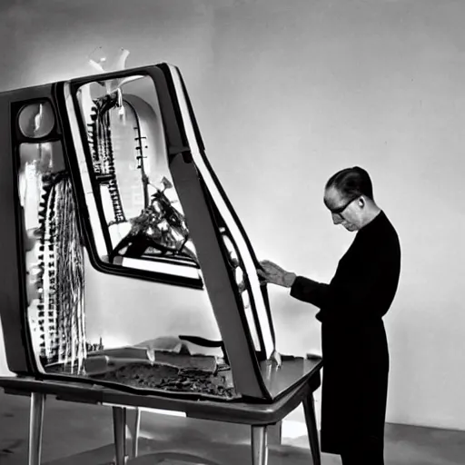 Image similar to photograph of Marcel Duchamp working on a futuristic machine, long exposure, in the style of Hito Steyerl and Andreï Tarkovski