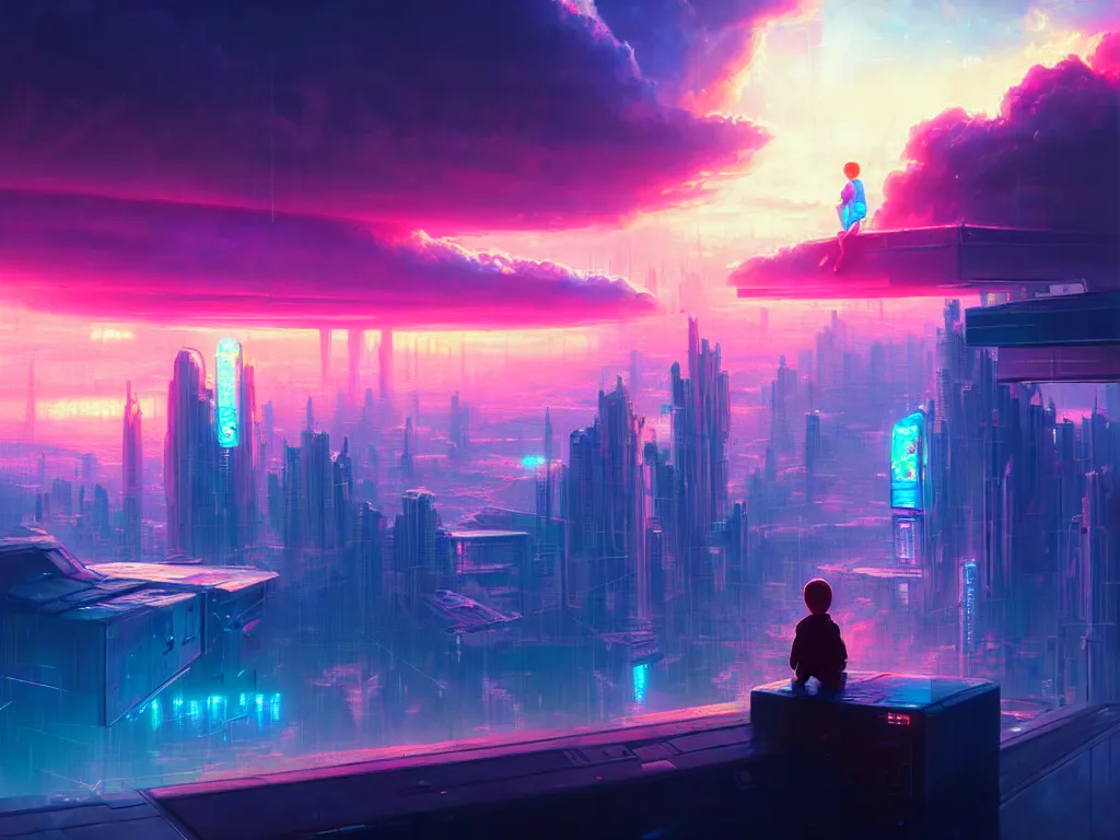 Prompt: a painting of a boy in a crystal box watching a colorful sunrise futuristic city surrounded by clouds, cyberpunk art by yoshitaka amano and alena aenami, cg society contest winner, retrofuturism, matte painting, apocalypse landscape, cityscape