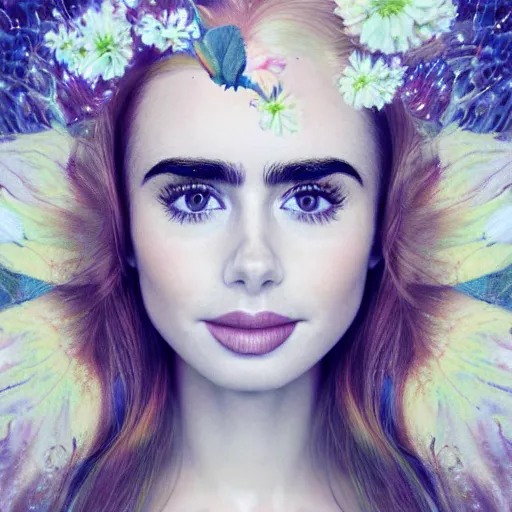 Image similar to portrait of a beautiful blonde queen girl lily collins, floating under the deep dream water, beautiful smooth soft light + white petal, by personal photography, art by brookskim, closeup, 4 k, highly detailed, instagram,