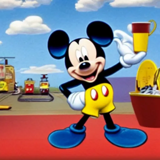 Prompt: Mickey Mouse is angry because Ronald McDonald spilled his coffee in a Burger King