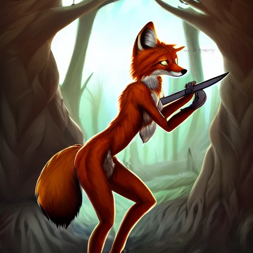 Prompt: award-winning extremely detailed FurAffinity cartoon fantasy art of a wild naturally beautiful shapely fur-covered anthro warrior female fox with black paws and dazzling eyes and a long tail and long braided hair, wielding a knife, 4k, Hibbary, Dark Natasha, Goldenwolf, realistic shading, trending on FurAffinity