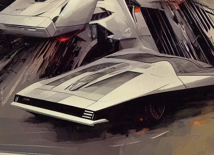 Prompt: ( ( ( ( ( knight rider kitt, car concept art, sci - fi illustration, painting, in the style of speed racer ) ) ) ) ) by vincent di fate and john berkey and syd mead!!!!!!!