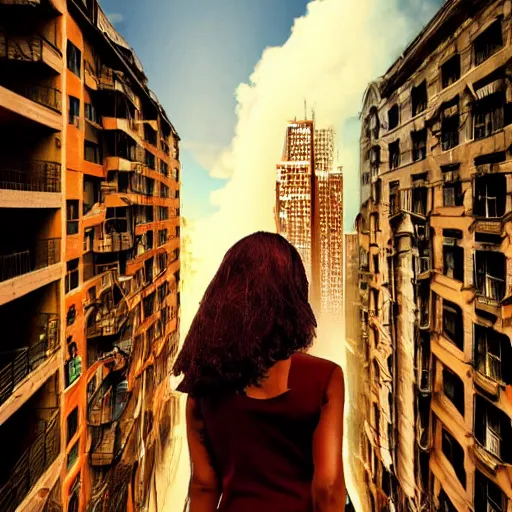 Prompt: a woman, creative, brown skin, giant, digital art, in the city, photo manipulation, down there, colossal, smoke, artstation, buildings, houses, cars, street, sky, vibrant colors