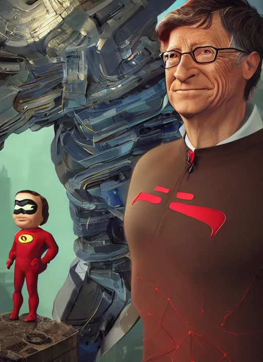 Image similar to big - headed bill gates superhero, hyper detailed, digital art, trending in artstation, cinematic lighting, studio quality, smooth render, unreal engine 5 rendered, octane rendered, art style by klimt and nixeu and ian sprigger and wlop and krenz cushart.