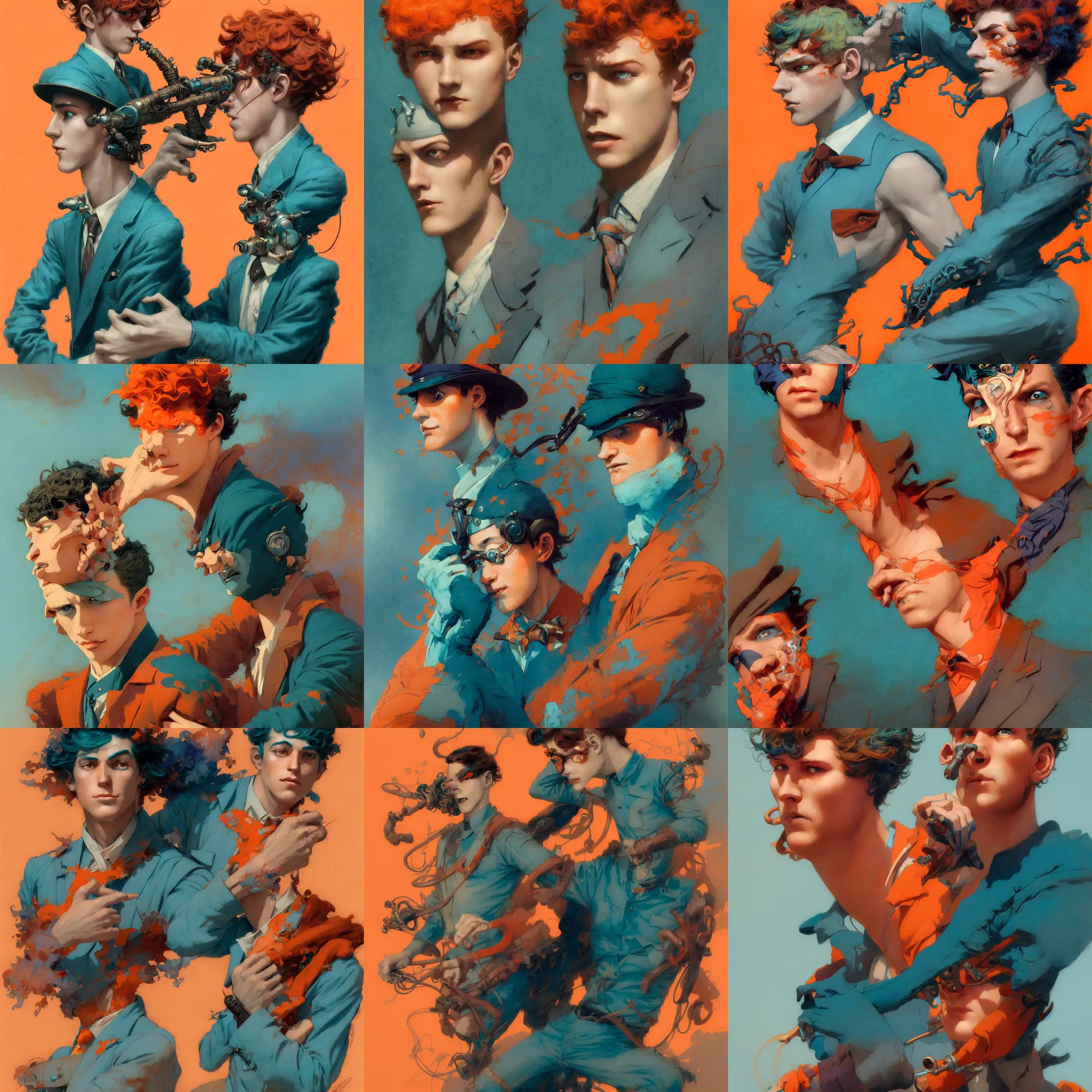 Prompt: beautiful realistic character portrait of a boy hero in the 1 9 2 0 s, wearing 1 9 2 0 s cloth hair, coloured in teal and orange, muted colours, by peter mohrbacher, hajime sorayama, wayne barlowe, boris vallejo, aaron horkey, gaston bussiere, craig mullins