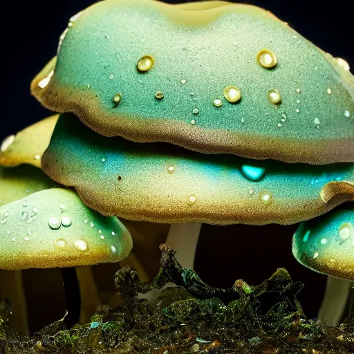 Image similar to Beautiful Macro Photo of undiscovered bioluminiscent Mushroom Species, Studio Lighting, detailed, 28mm Lens