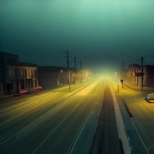 Image similar to A stunningly beautiful award-winning 8K high angle cinematic movie photograph of a foggy main intersection in an abandoned 1950s small town at night, by Edward Hopper and David Fincher and Darius Khonji, cinematic lighting, perfect composition, moody low key volumetric light. Color palette from Seven. Shot from above, 3 point perspective