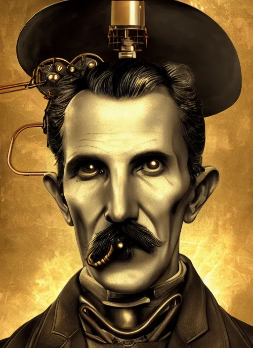 Image similar to steampunk portrait of nikola tesla as a mad scientist working on a giant robot from bioshock, au naturel, hyper detailed, digital art, trending in artstation, cinematic lighting, studio quality, smooth render, unreal engine 5 rendered, octane rendered, art style by klimt and nixeu and ian sprigger and wlop and krenz cushart