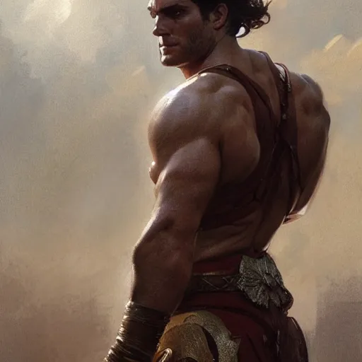 Image similar to Henry Cavill as a Greek gladiator, gorgeous, amazing, muscular, intricate, highly detailed, digital painting, artstation, concept art, sharp focus, illustration, art by greg rutkowski and alphonse mucha