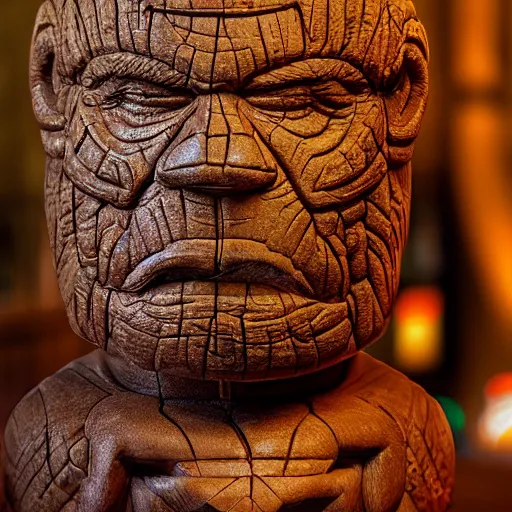 Image similar to a closeup photorealistic photograph of ben grimm's face on a tiki mug at trader vic's beach bar. fantastic four. tiki culture. bright scene. fine detail. this 4 k hd image is trending on artstation, featured on behance, well - rendered, extra crisp, features intricate detail, epic composition and the style of unreal engine.