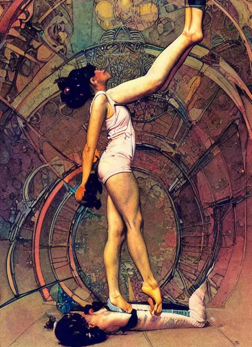 Image similar to an art nouveau illustration of a futuristic girl doing yoga by norman rockwell and john berkey