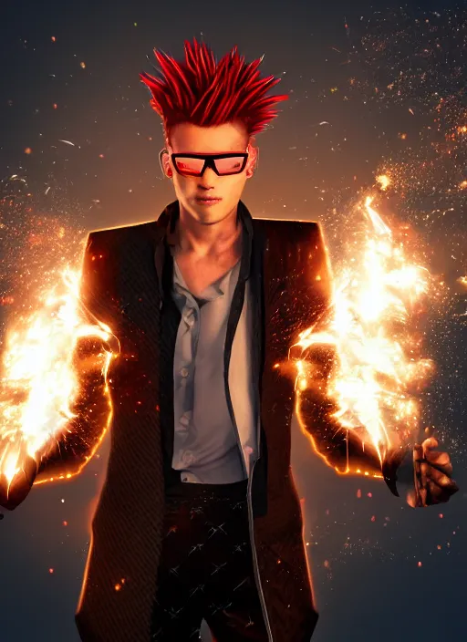 Image similar to photorealistic young man with red spiked long hair, using googles. Wearing black waistcoat, white shirt. throwing fire blast from his hands. rockstar. dynamic lightning. rpg portrait