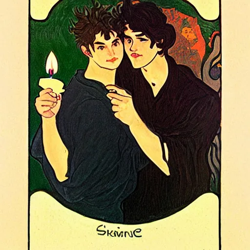 Image similar to painting of young cute handsome beautiful dark medium wavy hair man in his 2 0 s named shadow taehyung and cute handsome beautiful min - jun together at the halloween party, bubbling cauldron, candles, smoke, tarot, autumn colors, elegant, stylized, soft facial features, delicate facial features, art by alphonse mucha, vincent van gogh, egon schiele