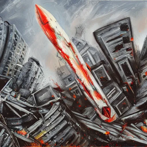 Prompt: a rocket crashed in the city. destruction. fear. sadness. deaths. apocalyptic. digital art. painting. high quality. high definition.