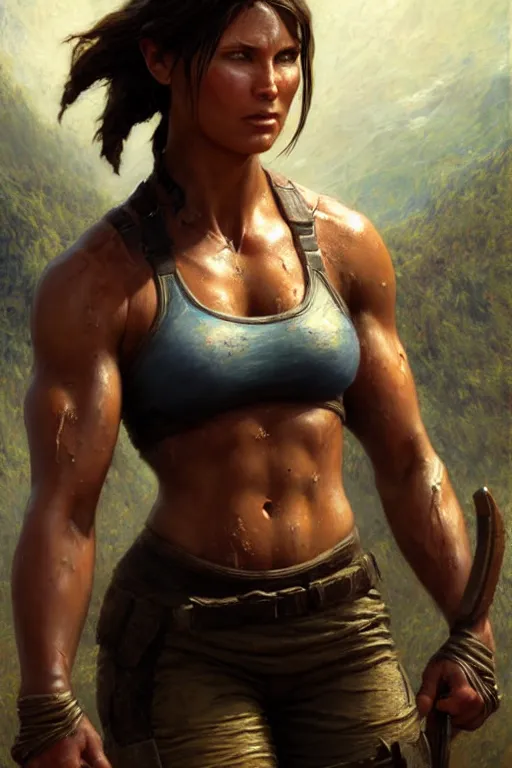 Image similar to muscular sweat lara croft, standing on river, covers with mud exhausted face close up, highly detailed painting by gaston bussiere, craig mullins, j. c. leyendecker 8 k