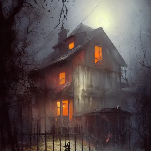 Image similar to old house with a well in front, horror, dramatic lighting, lovecratian, painted by raymond swanland, painted by greg rutkowski, painted by jeremy mann, painted by artgerm, painted by igor kieryluk, trending on artstation