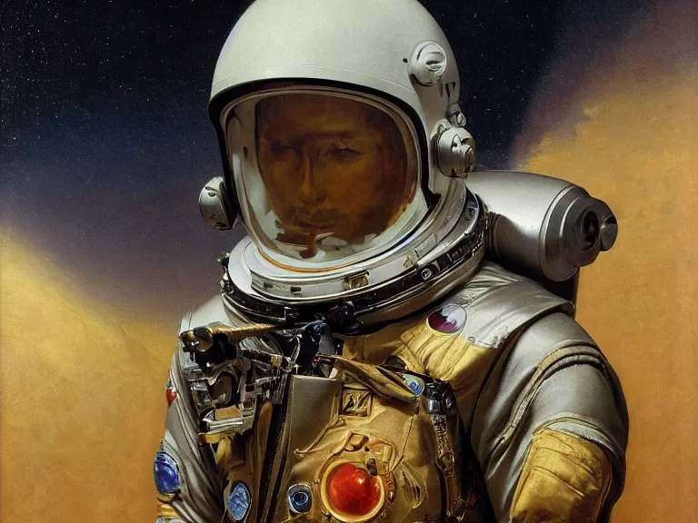 Image similar to a detailed profile oil painting of pilot in a spacesuit with reflective visor, flight suit, portrait symmetrical and science fiction theme with aurora lighting by beksinski carl spitzweg and tuomas korpi. baroque elements, full-length view. baroque element. intricate artwork by caravaggio. Trending on artstation. 8k