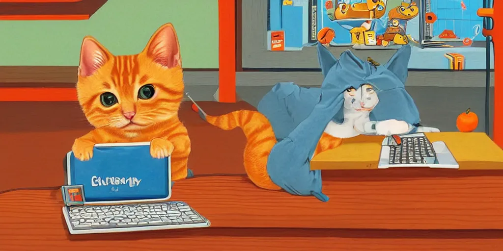 Image similar to an orange tabby kitten playing pc games by richard scarry