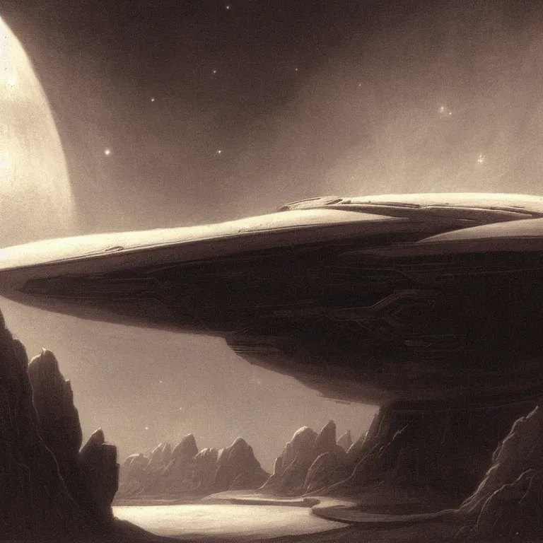 Image similar to a spaceship in low atmosphere, scifi concept art, by carl gustav carus