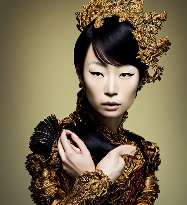 Image similar to photography face profil portrait of a beautiful asian woman like chiharu okunugi, great hair style,, half in shadow, natural pose, natural lighing, rim lighting, wearing an ornate stunning outfit and hat iris van herpen, colorfull newbaroque makeup by benjamin puckey, highly detailed, skin grain detail, photography by paolo roversi